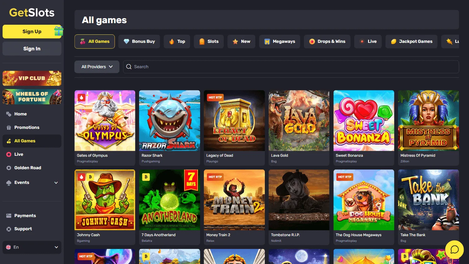Getslots Casino desktop casino selection