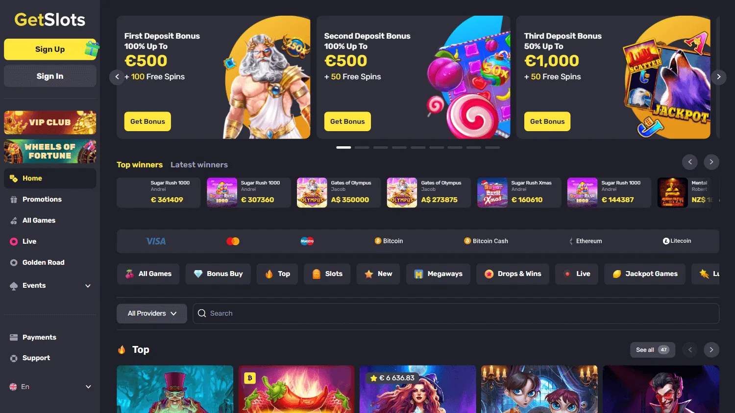 Getslots Casino desktop games interface