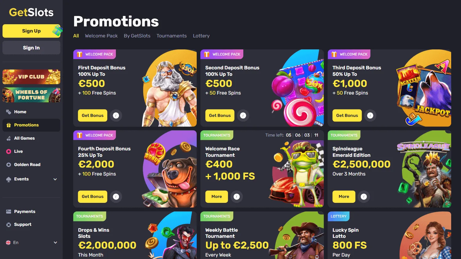 Getslots Casino desktop promotions area