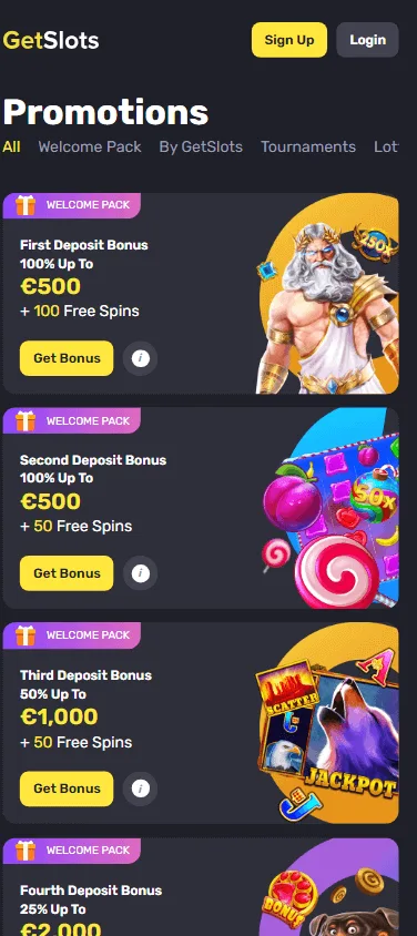 Getslots Casino mobile promotions area