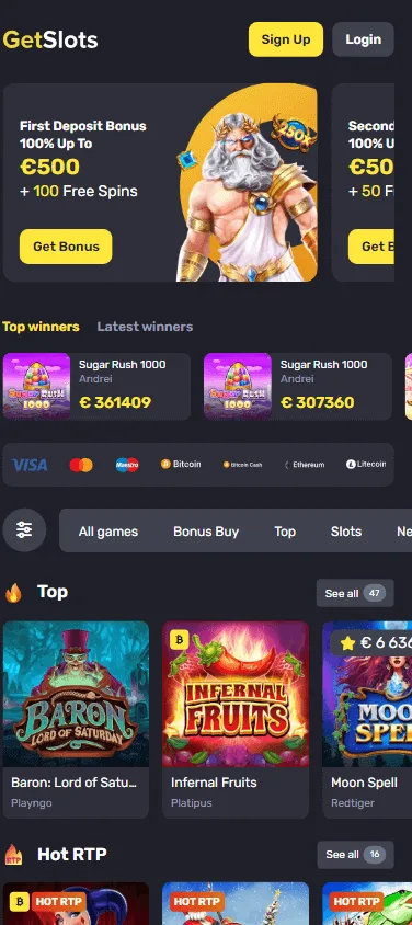 Getslots Casino mobile games interface